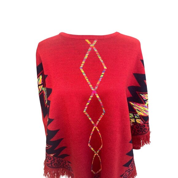 L&B Southwestern Aztec Boho Hippie Red Poncho Western Sweater Tribal Fringe m - Picture 3 of 9